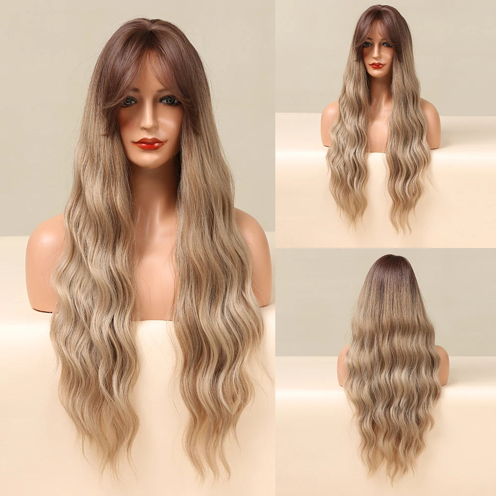 Brown Wavy Wigs for Women with Bangs Long Natural