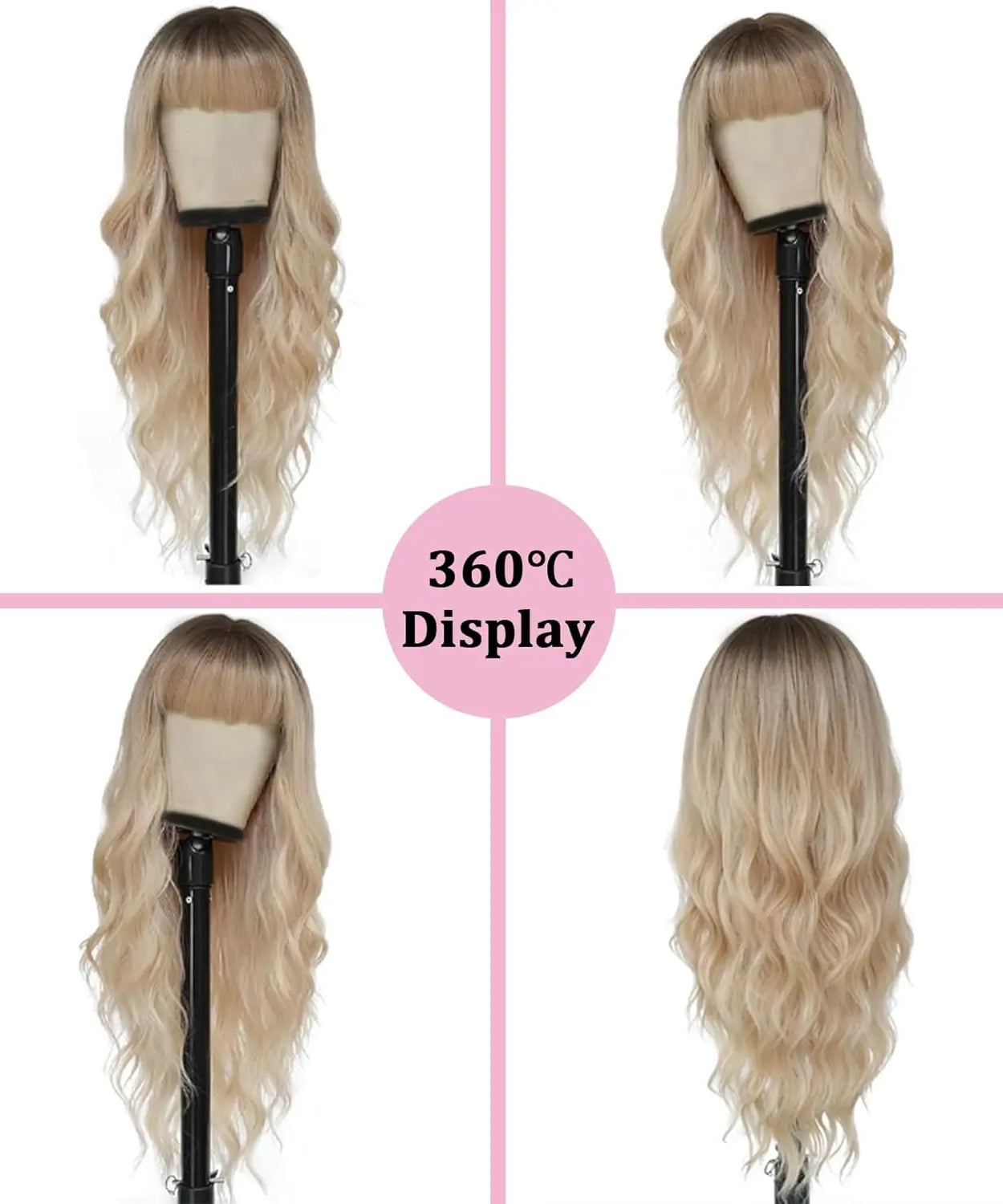 Ombre Blonde Wig with Bangs Long Wavy Wig Platinum Blonde Wigs for Women with Dark Roots Natural Synthetic Wigs Curly Hair