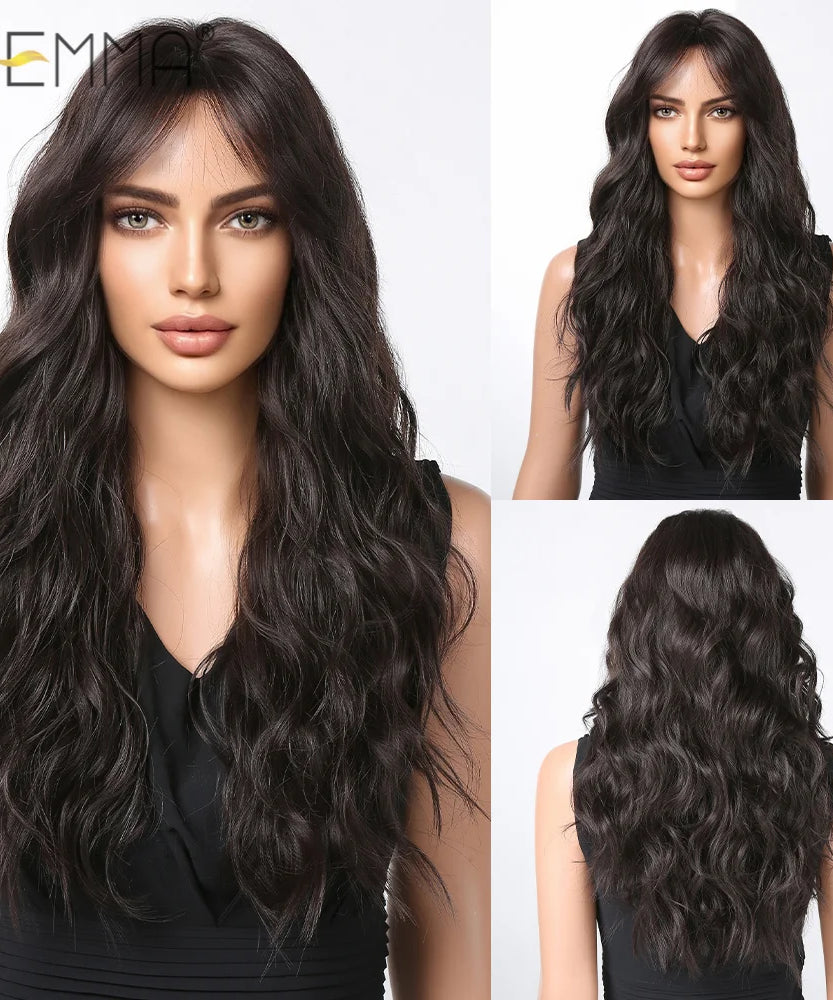 Pink Long Wavy Wigs with Bangs Synthetic Dark