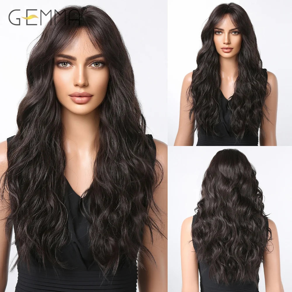 Pink Long Wavy Wigs with Bangs Synthetic Dark