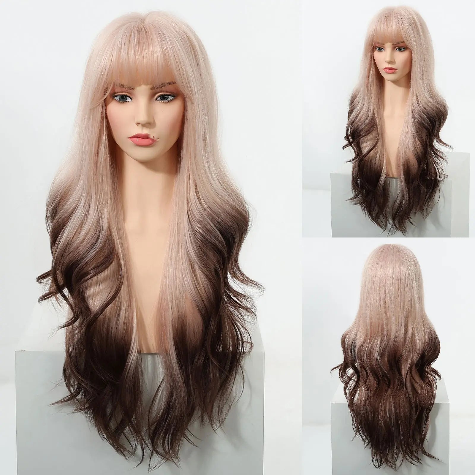 EASIHAIR Long Curly Synthetic Wigs with Bangs