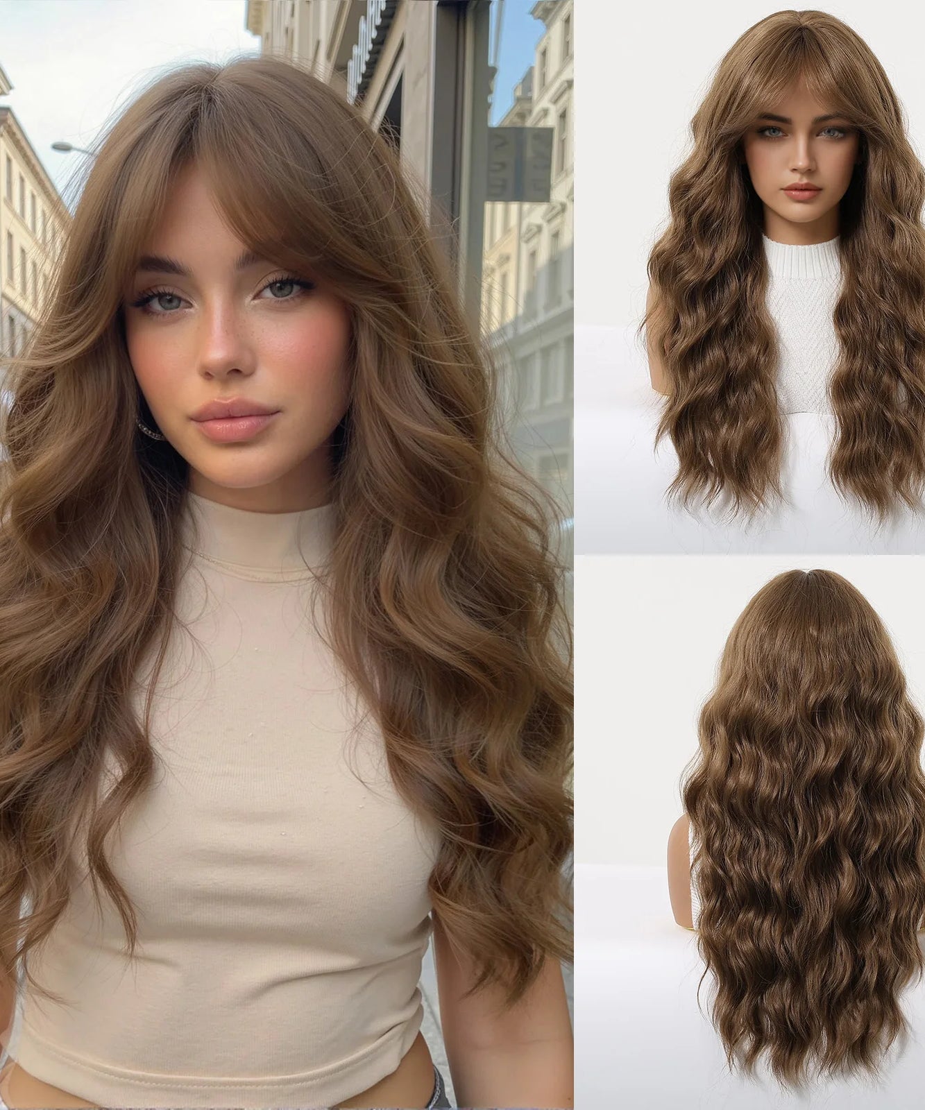 Long Wavy Wig with Bangs Light Blonde Body Wave