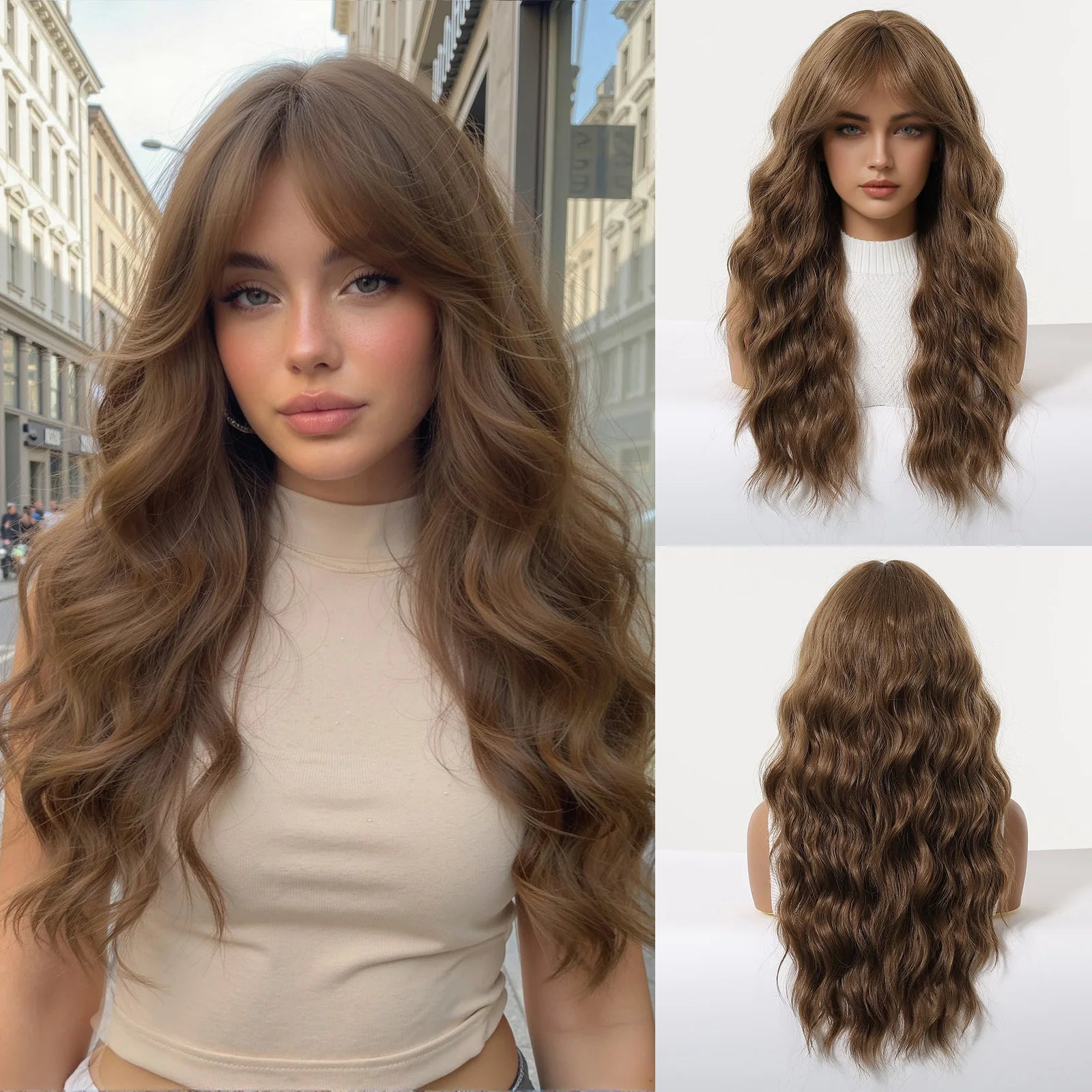 Long Wavy Wig with Bangs Light Blonde Body Wave