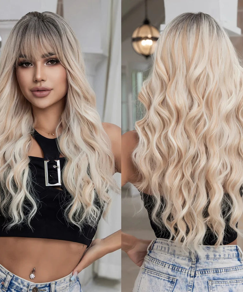 Ombre Blonde Wig with Bangs Long Wavy Wig Platinum Blonde Wigs for Women with Dark Roots Natural Synthetic Wigs Curly Hair