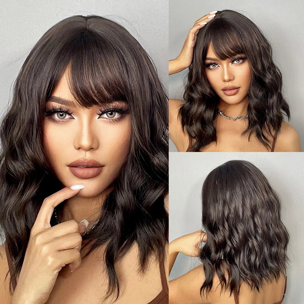 Short Wavy Bob Wigs for Women Dark Brown