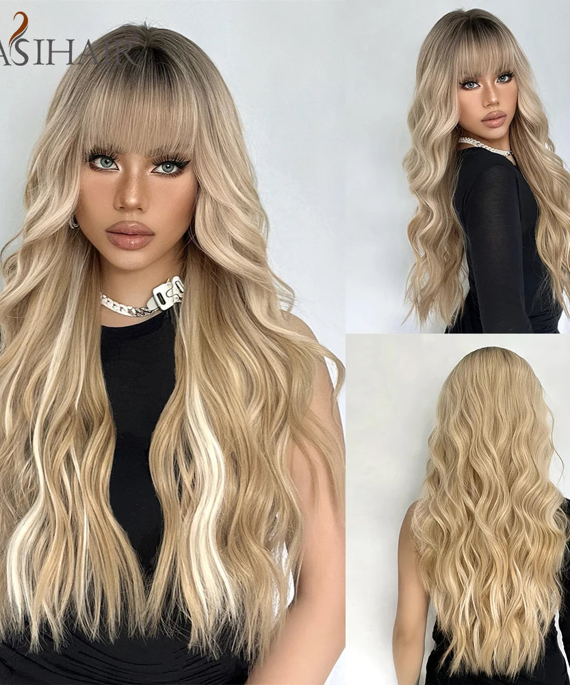 EASIHAIR Long Curly Synthetic Wigs with Bangs