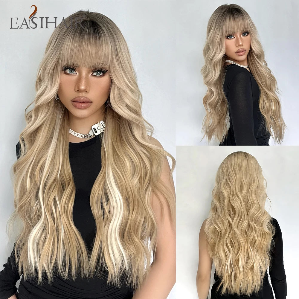 EASIHAIR Long Curly Synthetic Wigs with Bangs