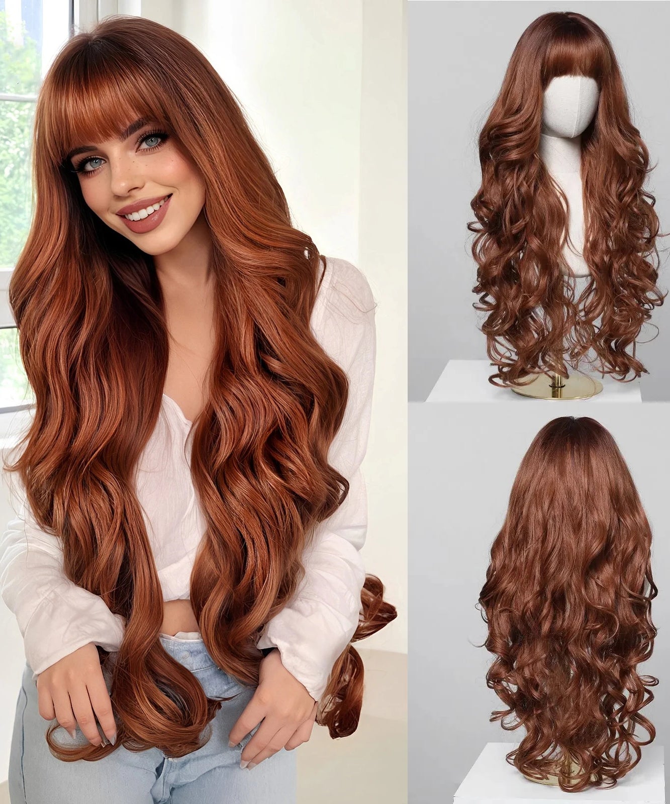 EASIHAIR Long Curly Synthetic Wigs with Bangs
