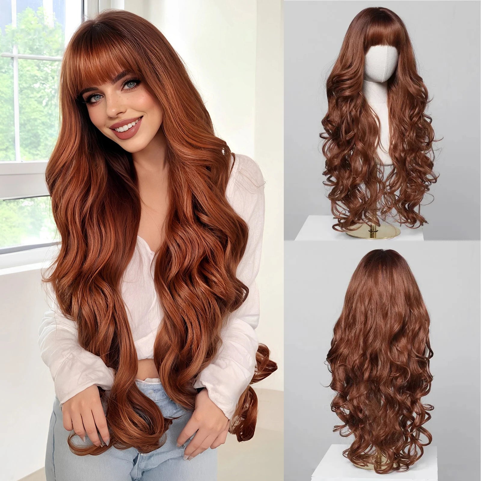 EASIHAIR Long Curly Synthetic Wigs with Bangs
