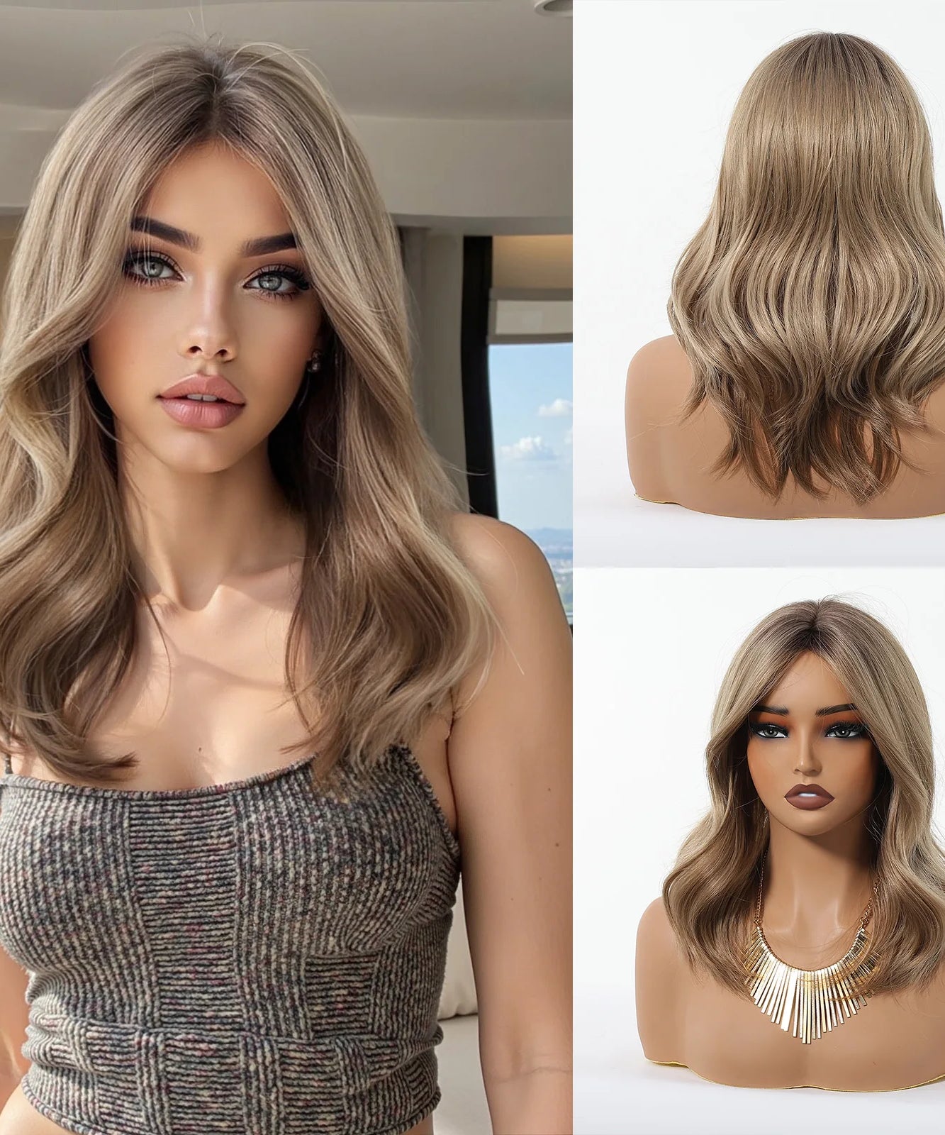 Blonde Brown Highlights Wigs Medium Length