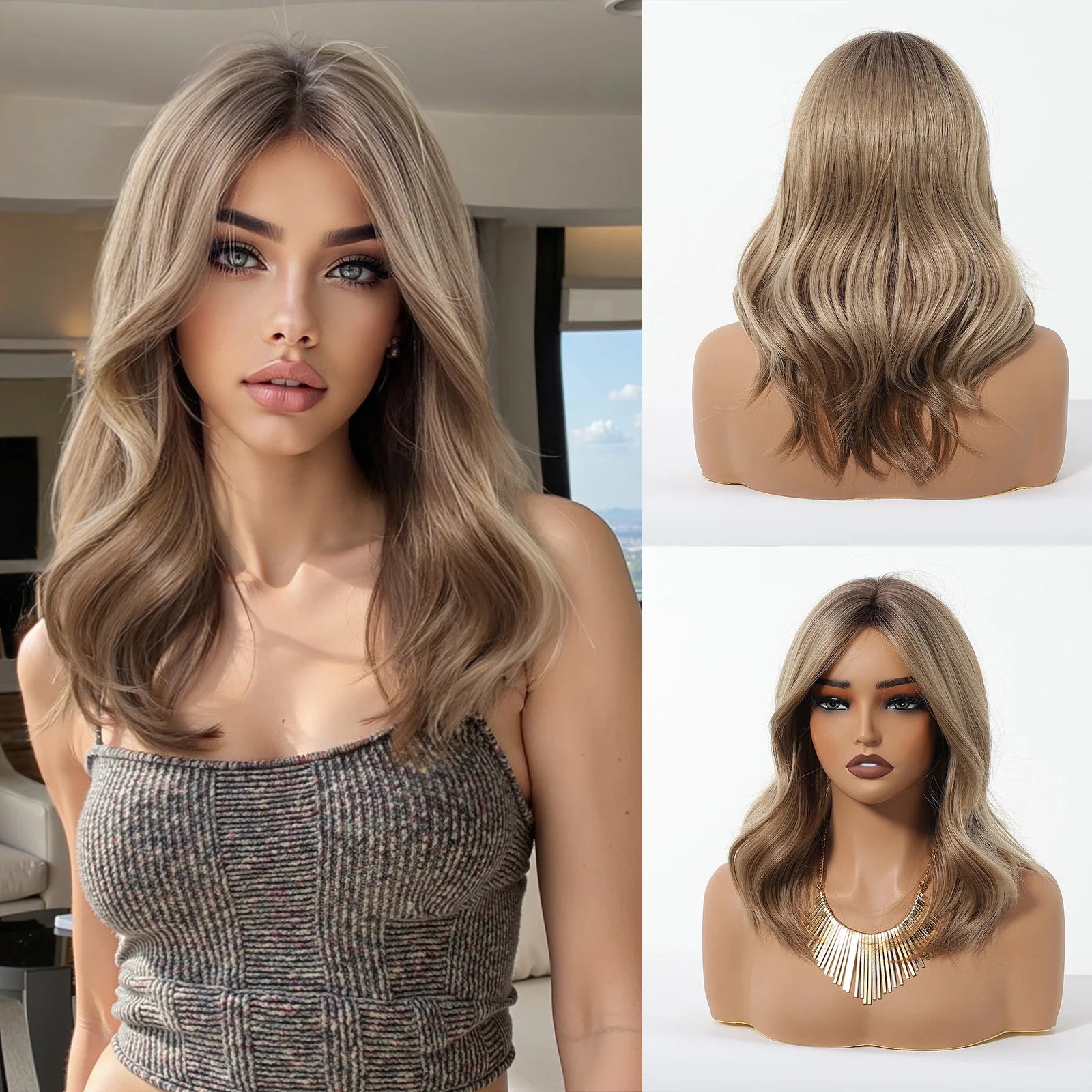 Blonde Brown Highlights Wigs Medium Length