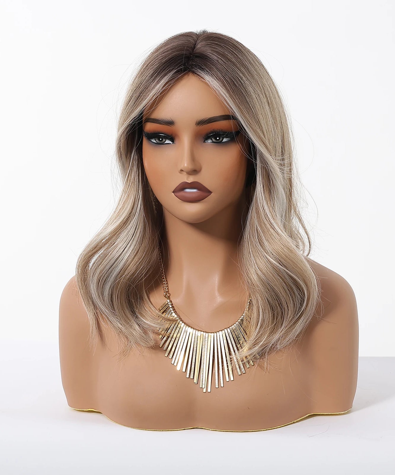 Blonde Brown Highlights Wigs Medium Length