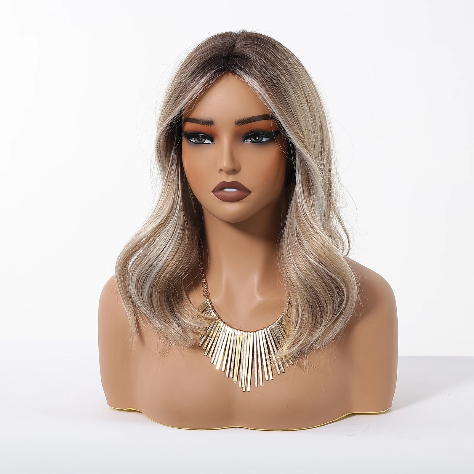 Blonde Brown Highlights Wigs Medium Length