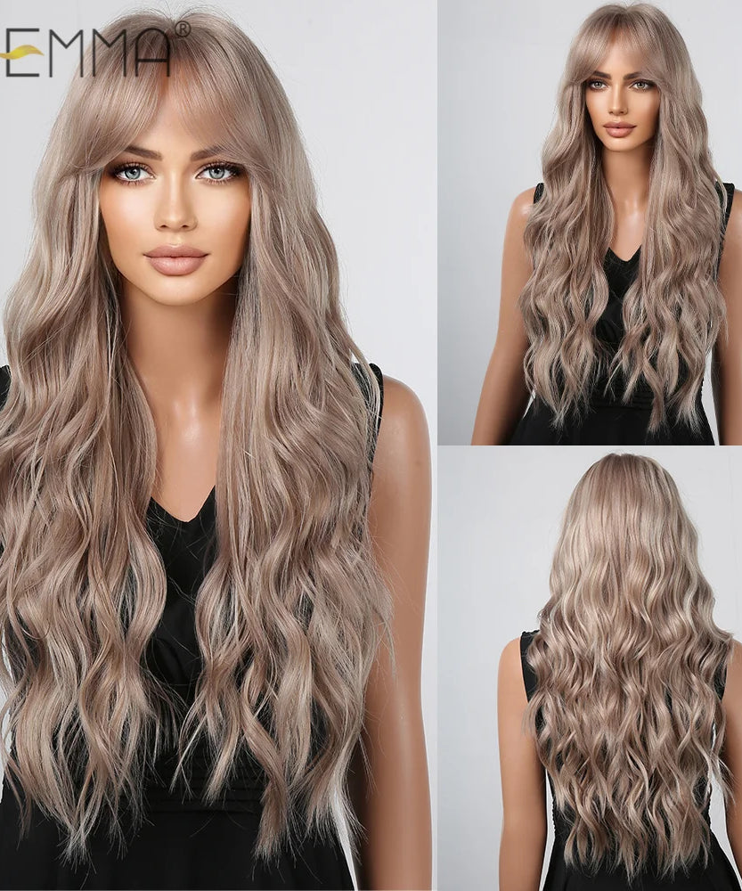 Pink Long Wavy Wigs with Bangs Synthetic Dark