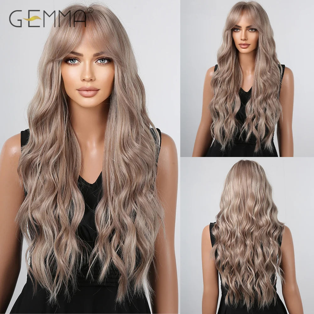 Pink Long Wavy Wigs with Bangs Synthetic Dark