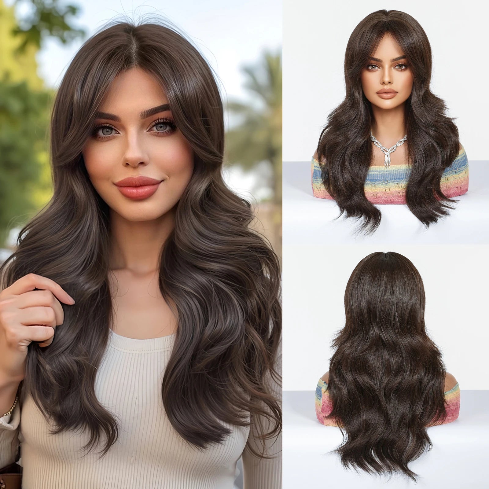 EASIHAIR Long Curly Synthetic Wigs with Bangs
