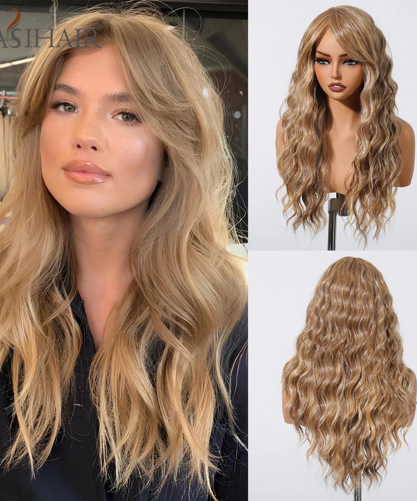 EASIHAIR Long Curly Synthetic Wigs with Bangs
