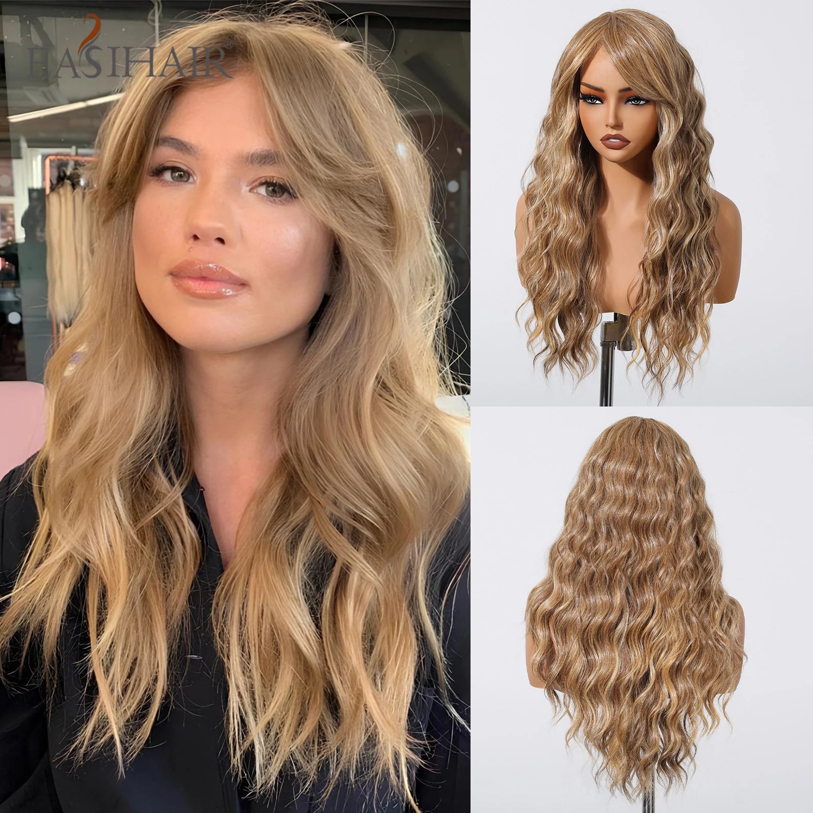 EASIHAIR Long Curly Synthetic Wigs with Bangs