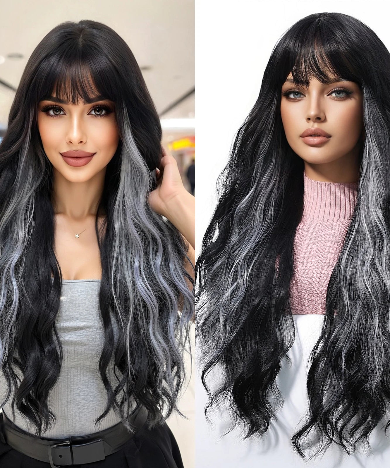 EASIHAIR Long Curly Synthetic Wigs with Bangs