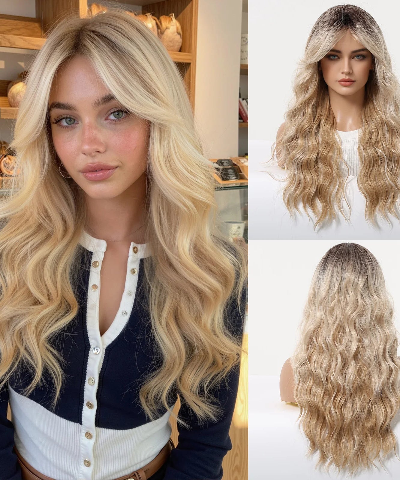 Long Wavy Wig with Bangs Light Blonde Body Wave