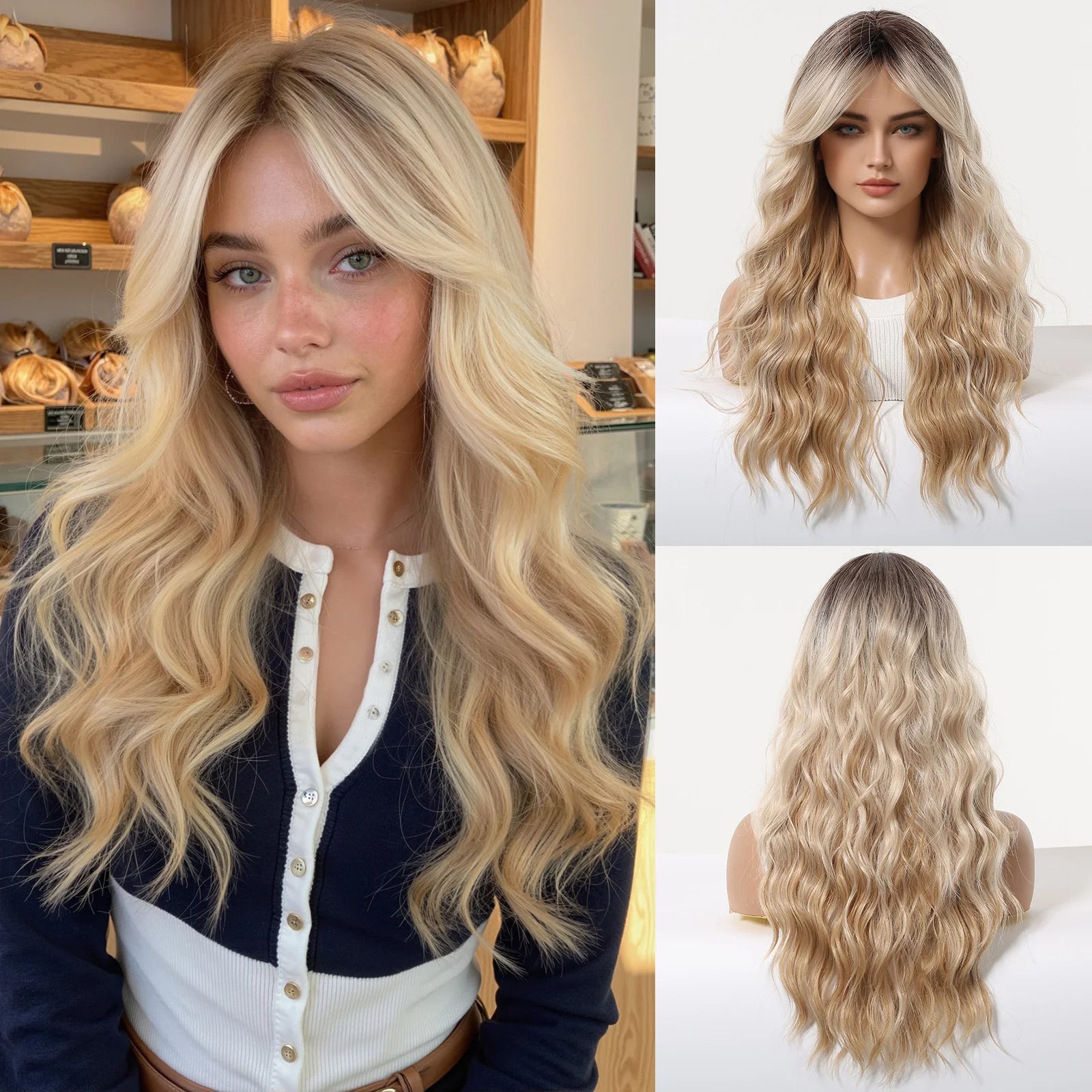 Long Wavy Wig with Bangs Light Blonde Body Wave
