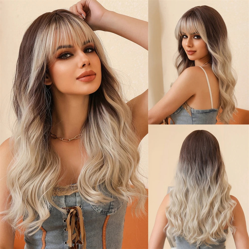 Brown Wavy Wigs for Women with Bangs Long Natural