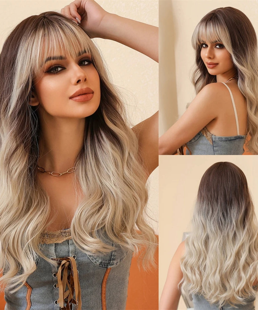 Brown Wavy Wigs for Women with Bangs Long