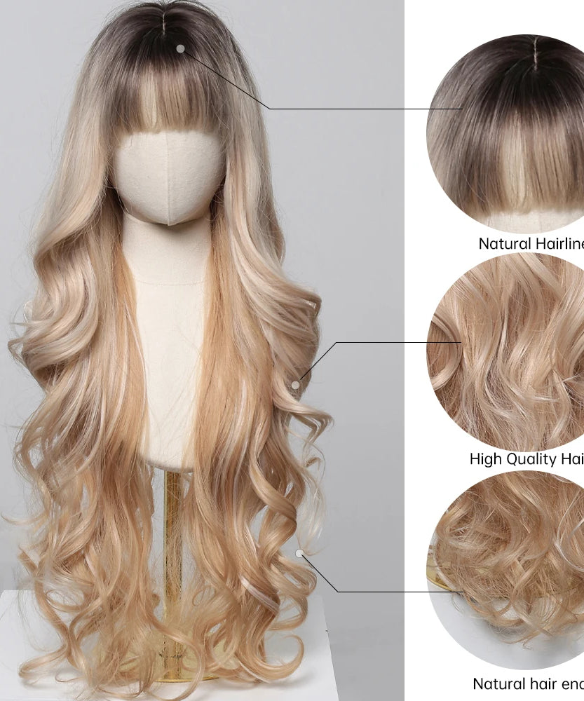 EASIHAIR Long Curly Synthetic Wigs with Bangs