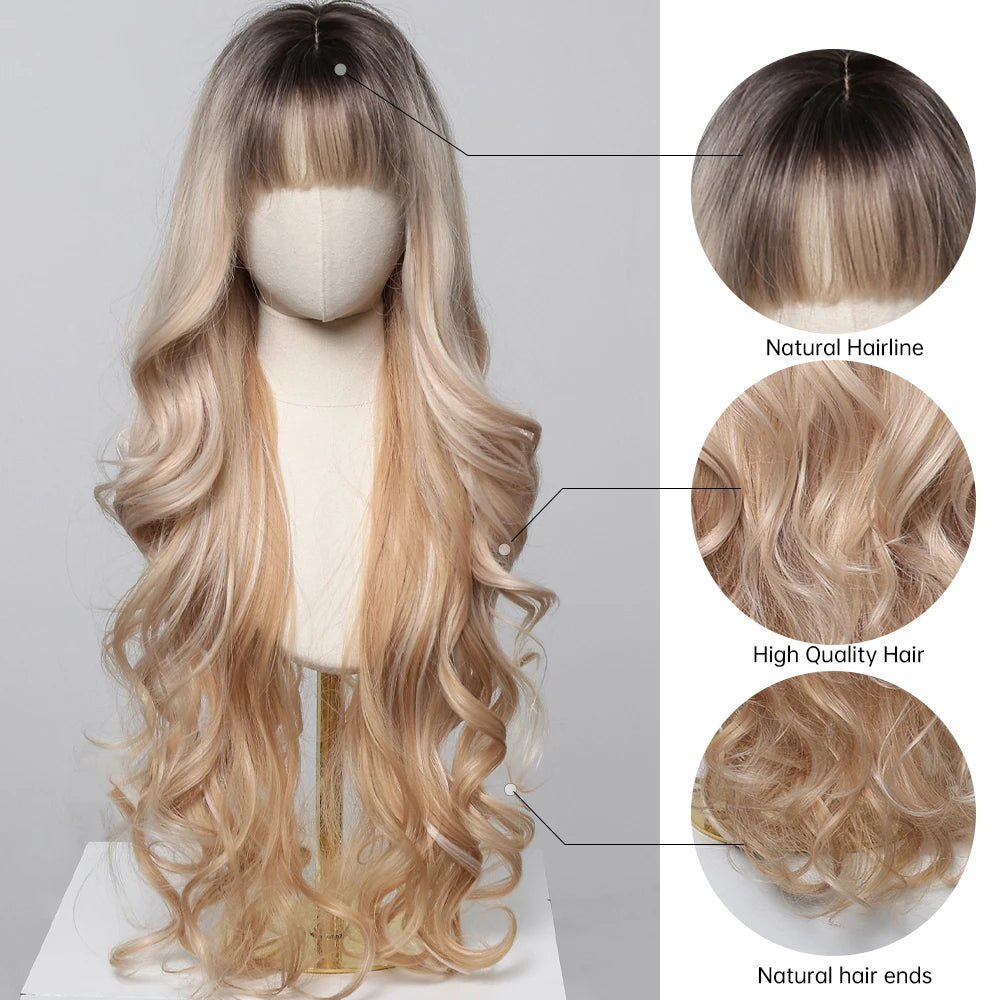 EASIHAIR Long Curly Synthetic Wigs with Bangs