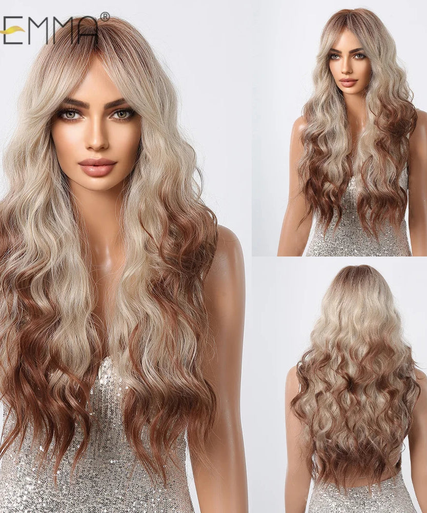 Pink Long Wavy Wigs with Bangs Synthetic Dark