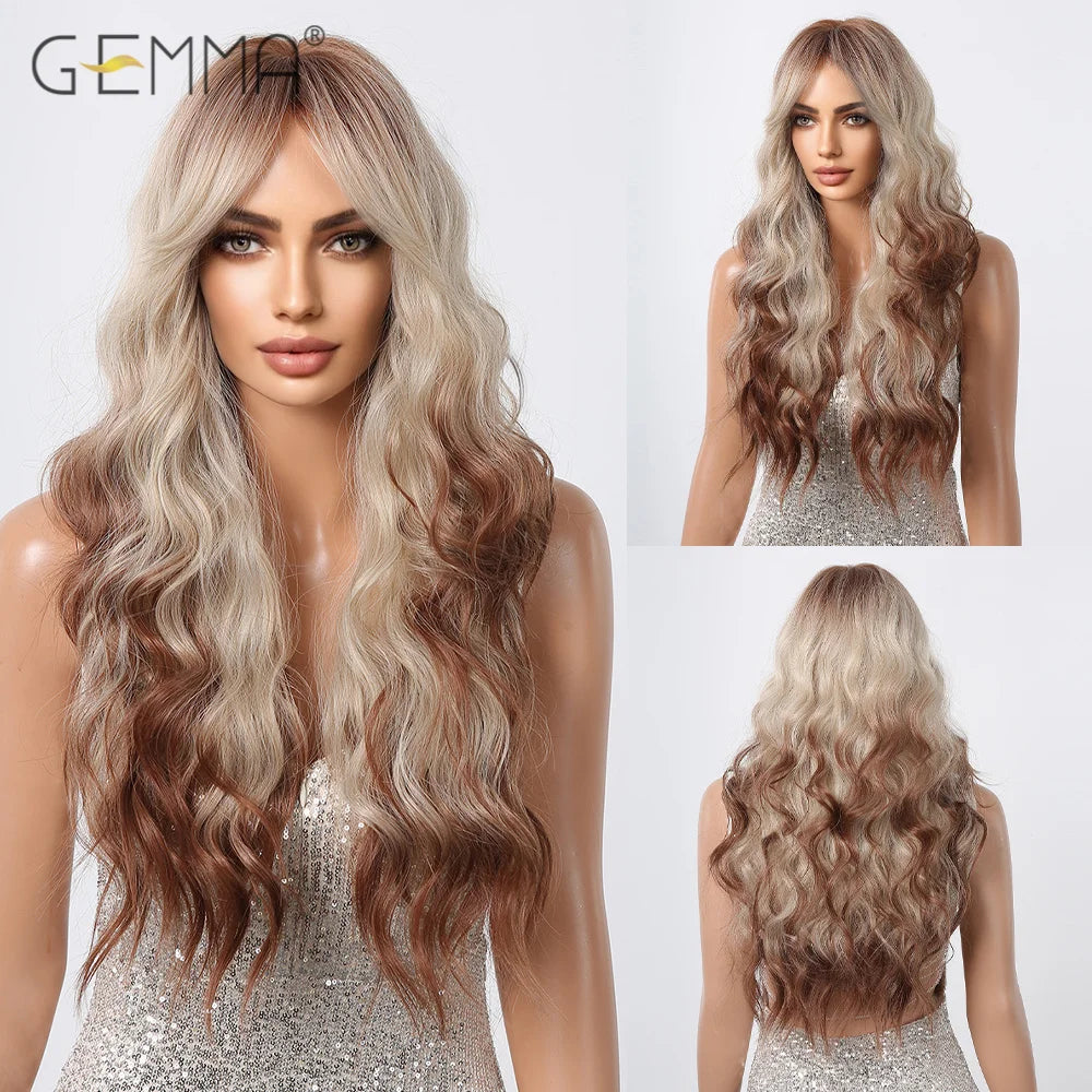 Pink Long Wavy Wigs with Bangs Synthetic Dark