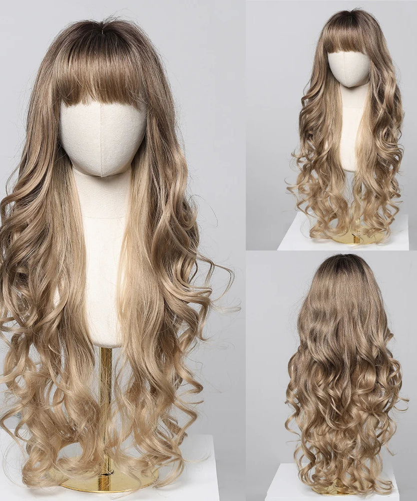 Brown Wavy Wigs for Women with Bangs Long