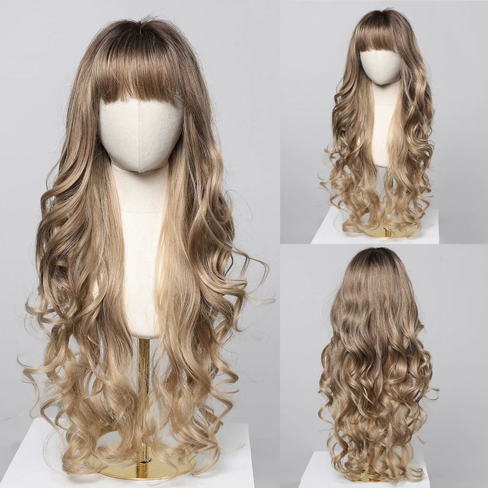 Brown Wavy Wigs for Women with Bangs Long