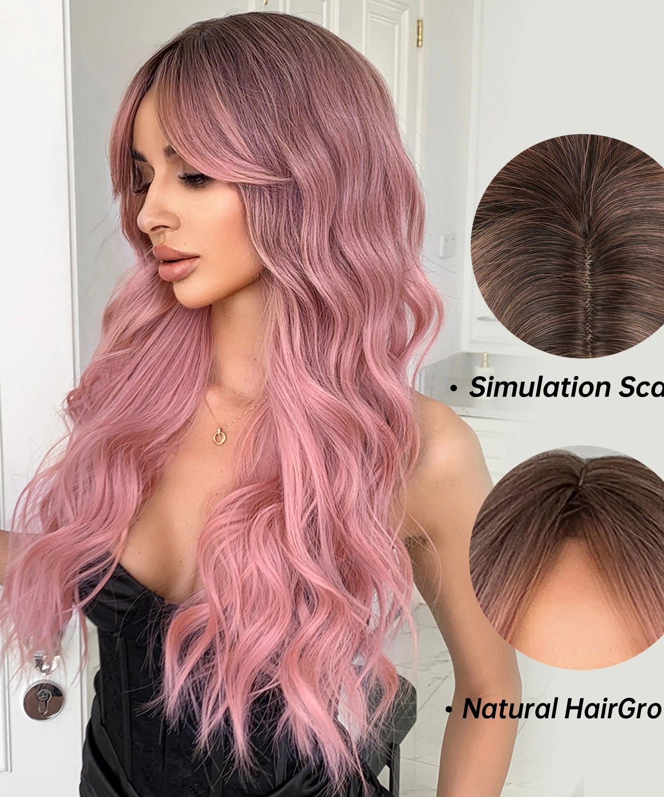 Pink Long Wavy Wigs with Bangs Synthetic Dark