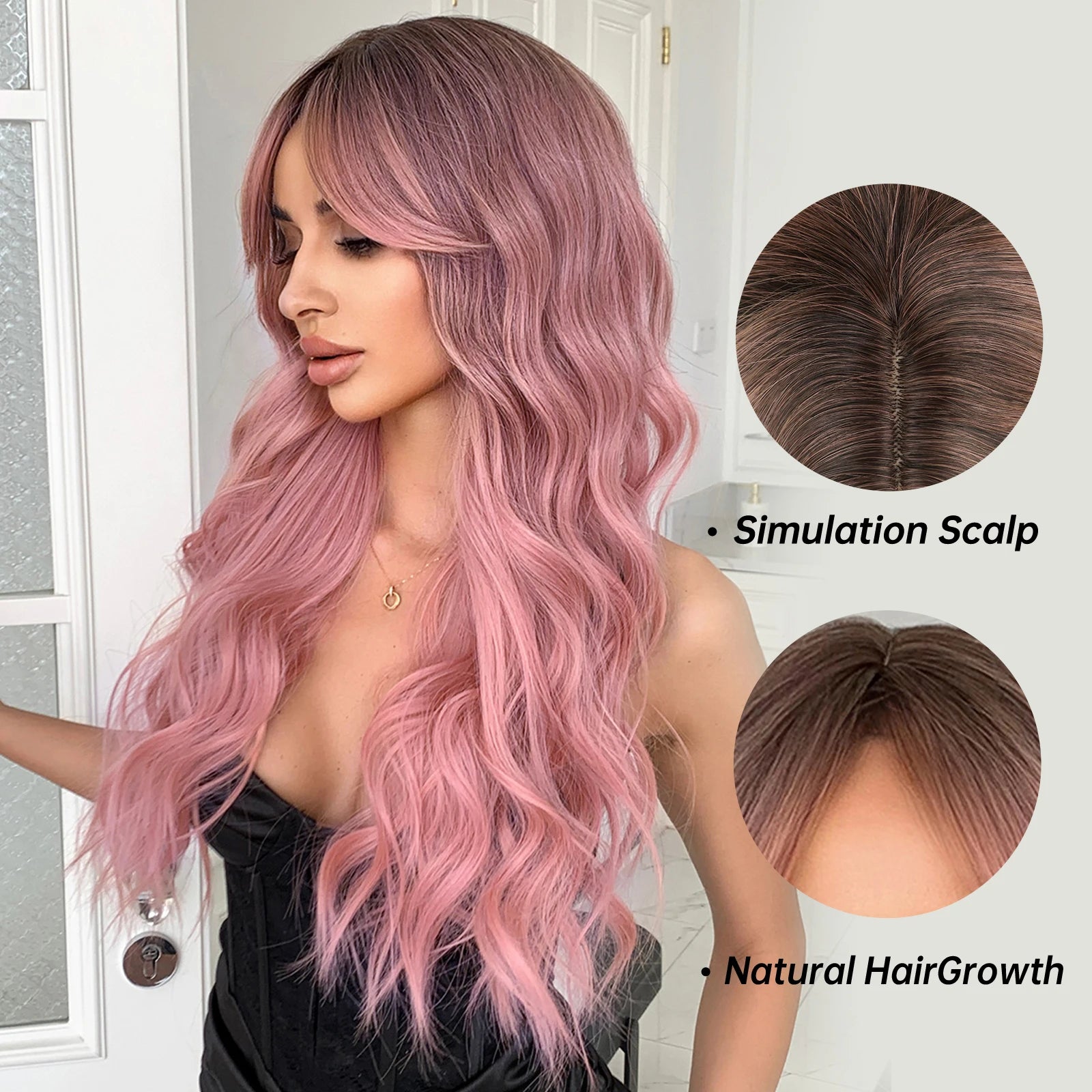 Pink Long Wavy Wigs with Bangs Synthetic Dark