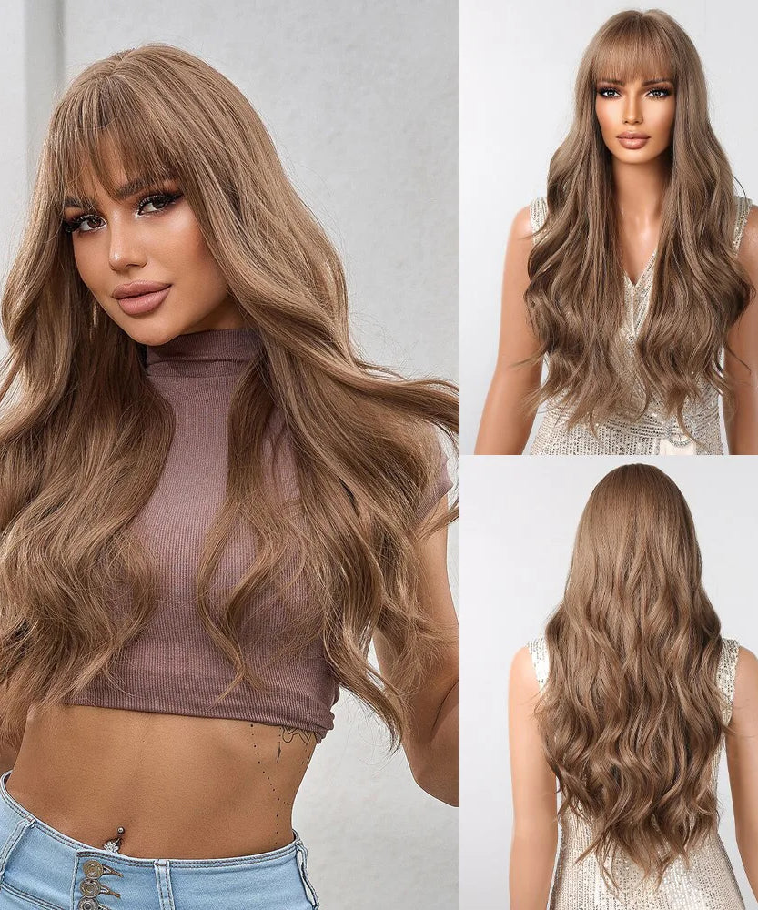 Brown Wavy Wigs for Women with Bangs Long Natural