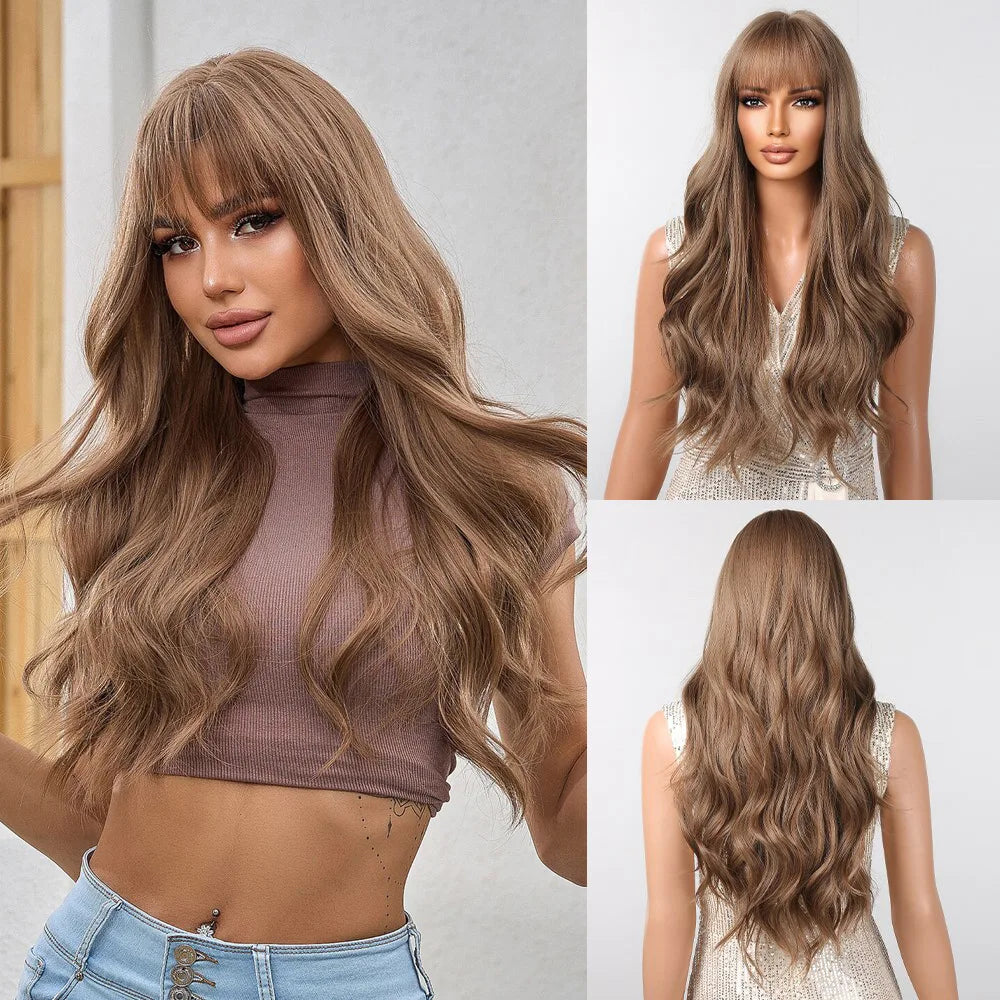 Brown Wavy Wigs for Women with Bangs Long