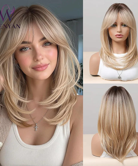 14 Inches Long Straight Blonde Layered Synthetic