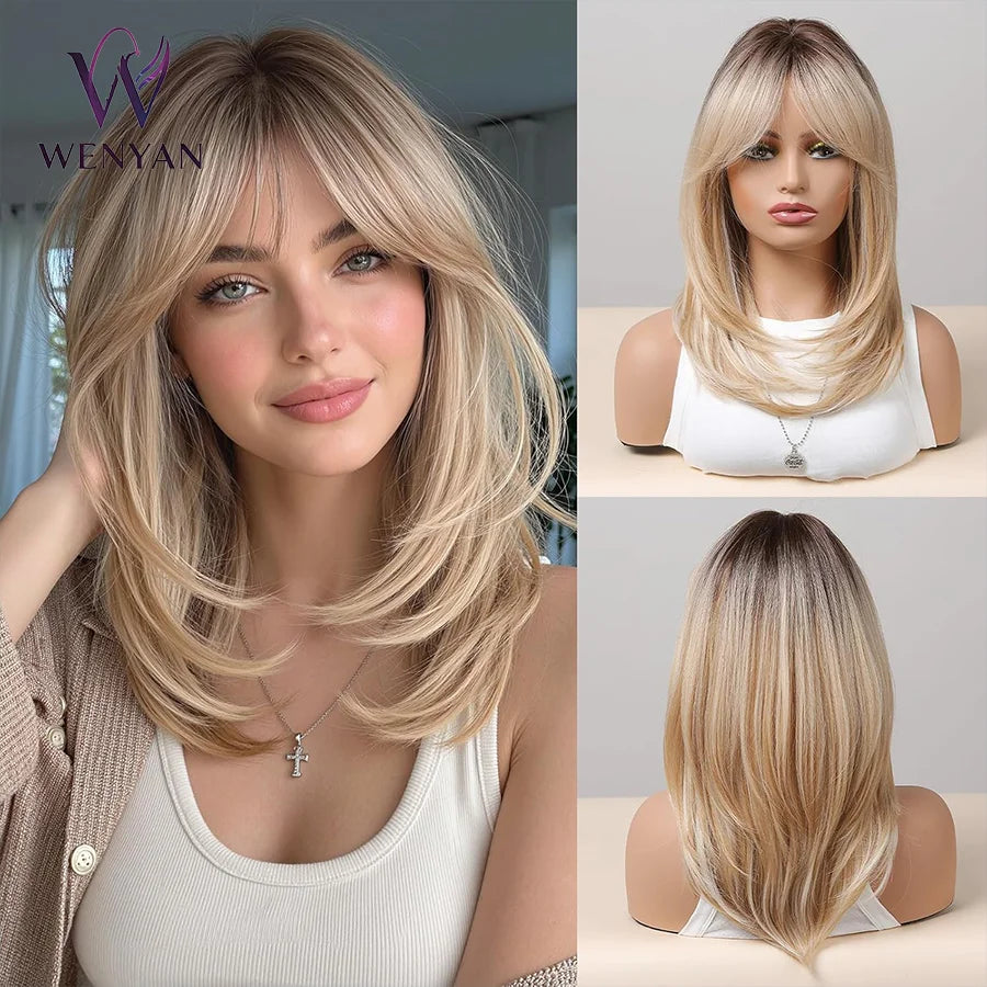 14 Inches Long Straight Blonde Layered Synthetic
