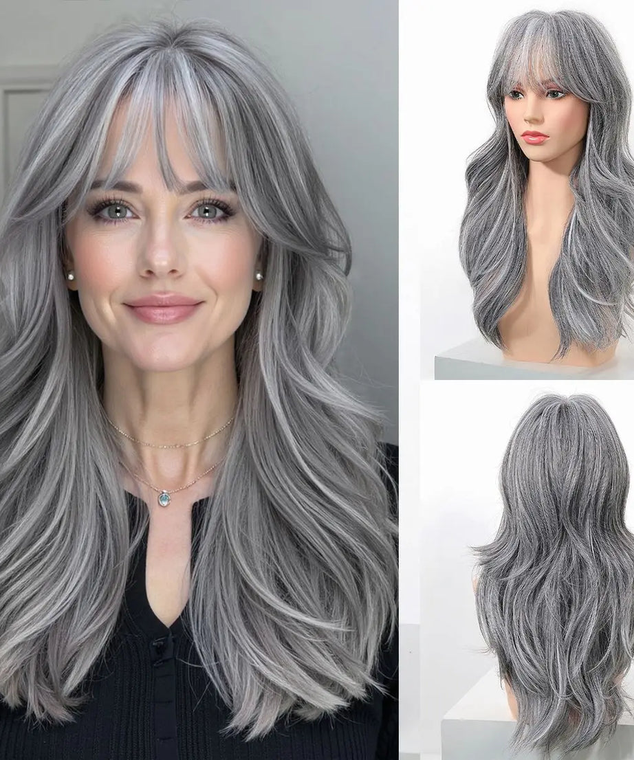 EASIHAIR Long Curly Synthetic Wigs with Bangs