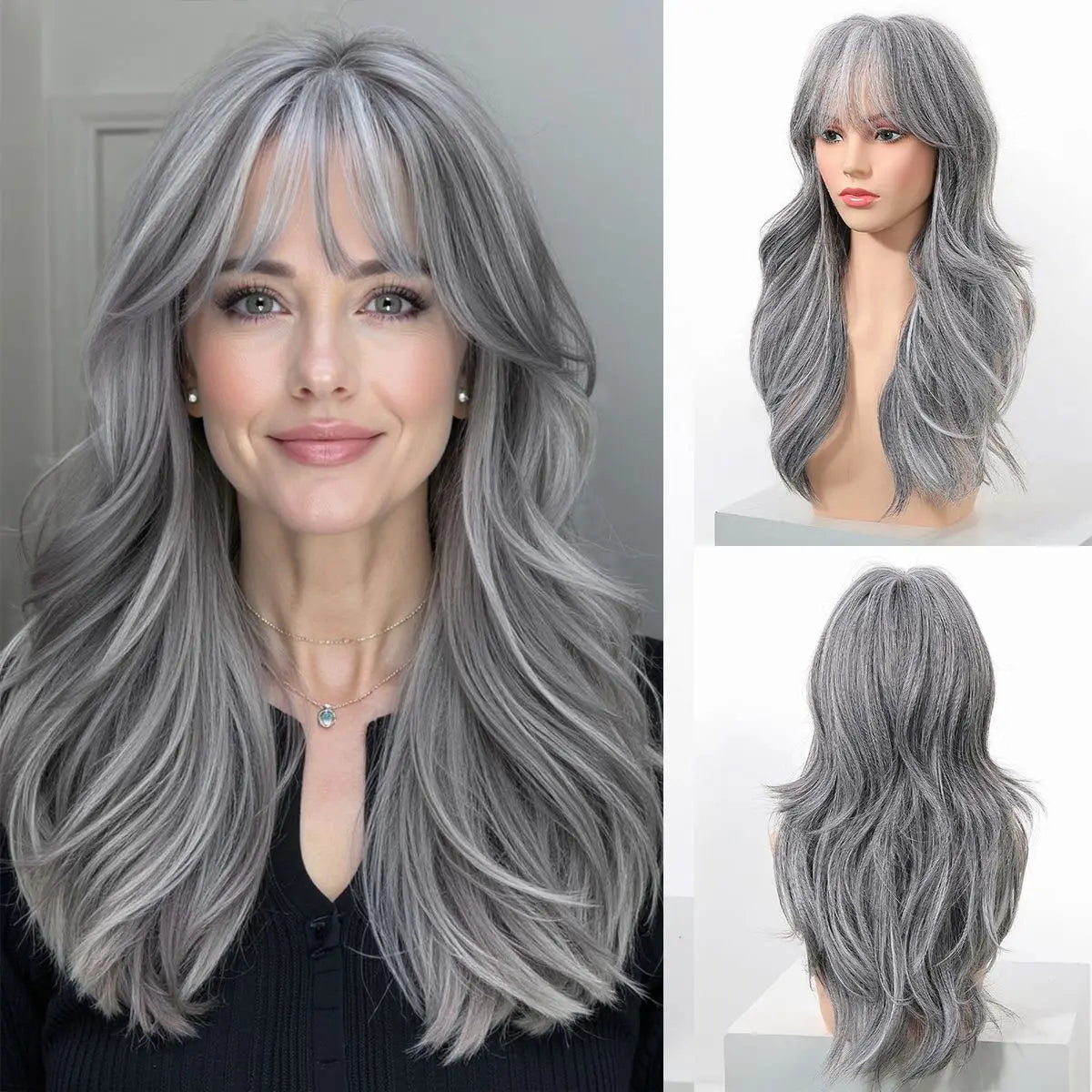 EASIHAIR Long Curly Synthetic Wigs with Bangs