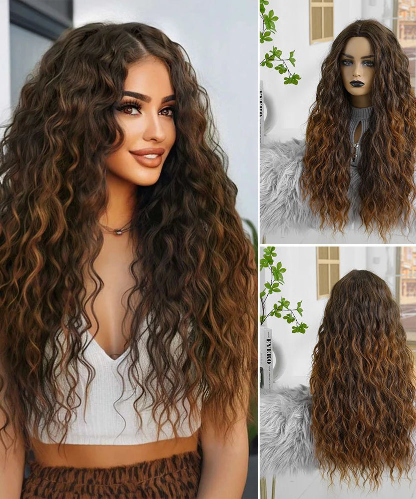 EASIHAIR Long Curly Synthetic Wigs with Bangs