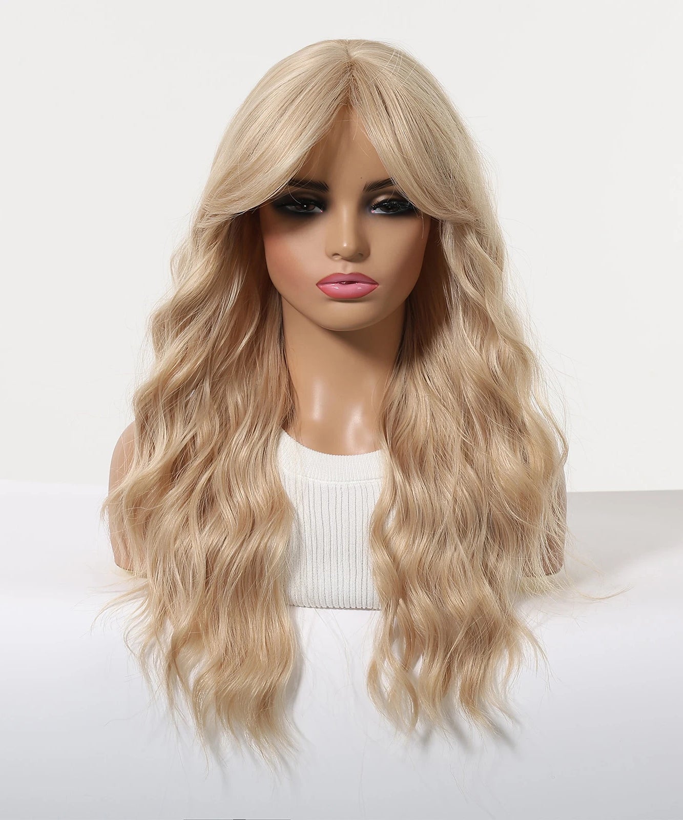Long Wavy Wig with Bangs Light Blonde Body Wave