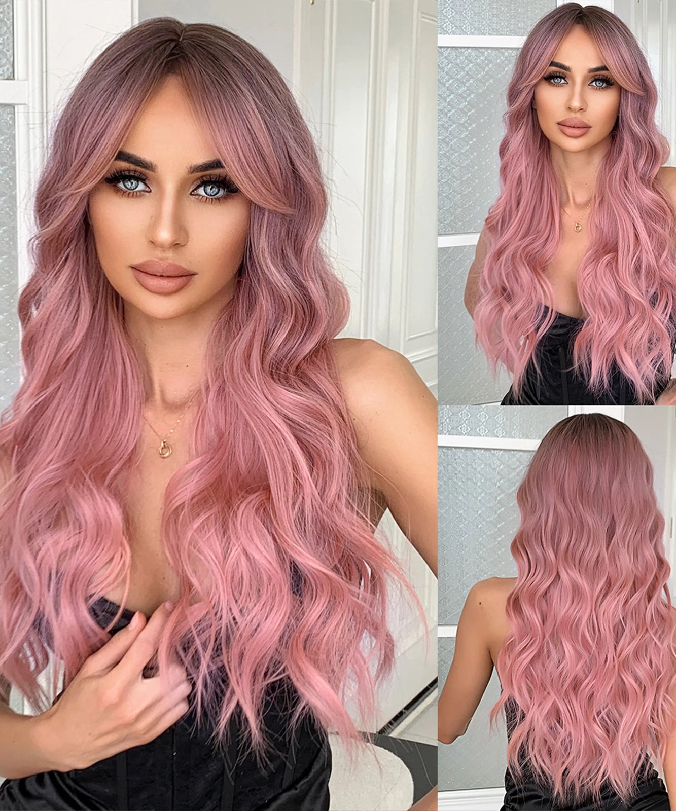 Pink Long Wavy Wigs with Bangs Synthetic Dark