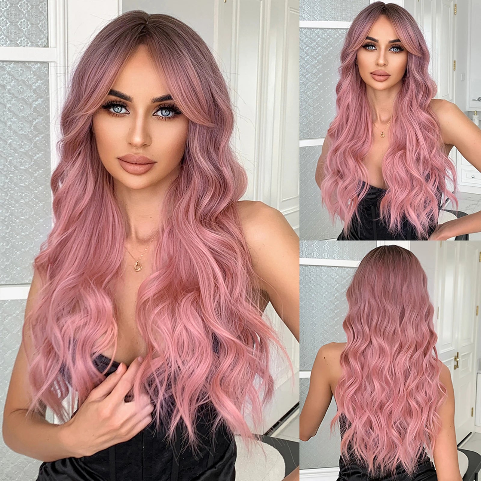 Pink Long Wavy Wigs with Bangs Synthetic Dark