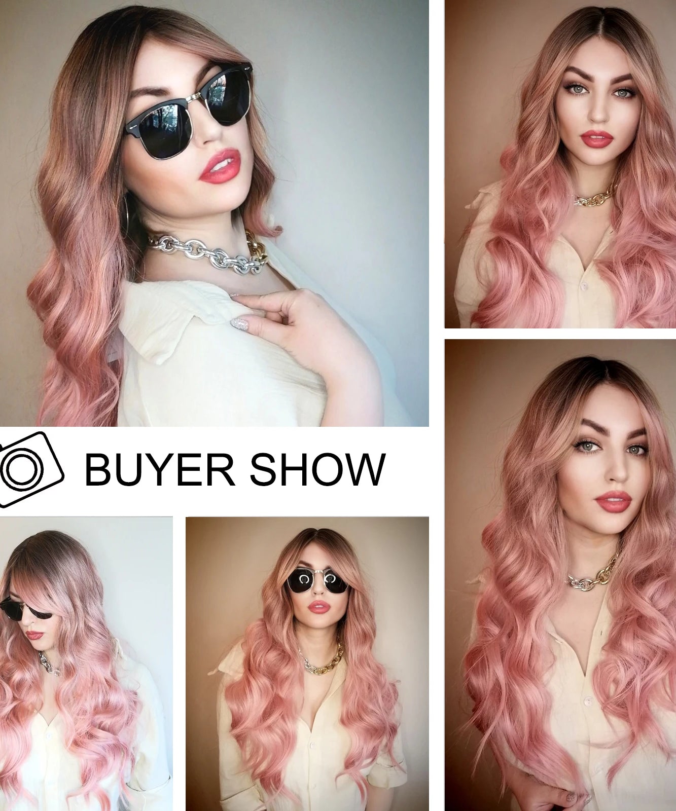 Pink Long Wavy Wigs with Bangs Synthetic Dark