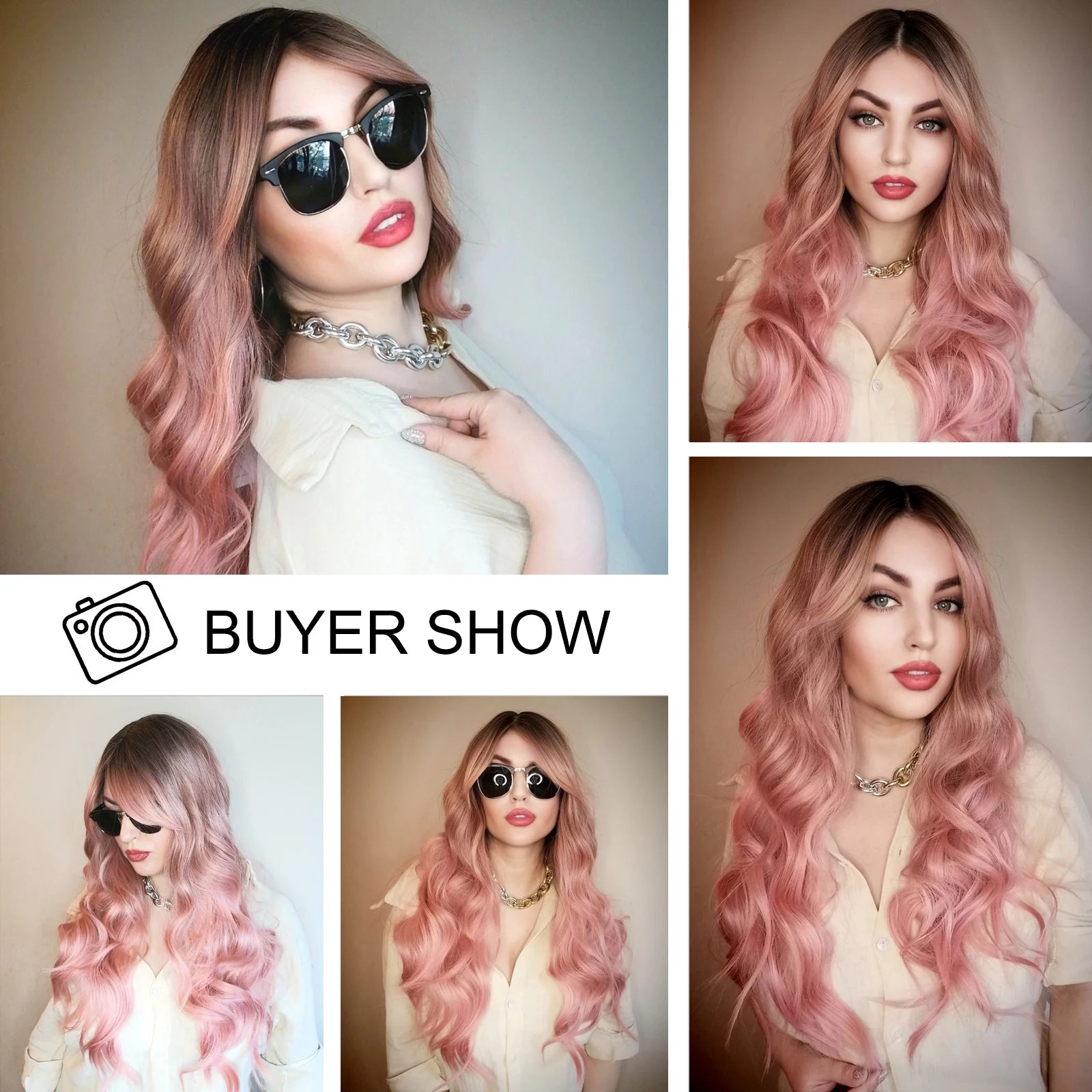 Pink Long Wavy Wigs with Bangs Synthetic Dark
