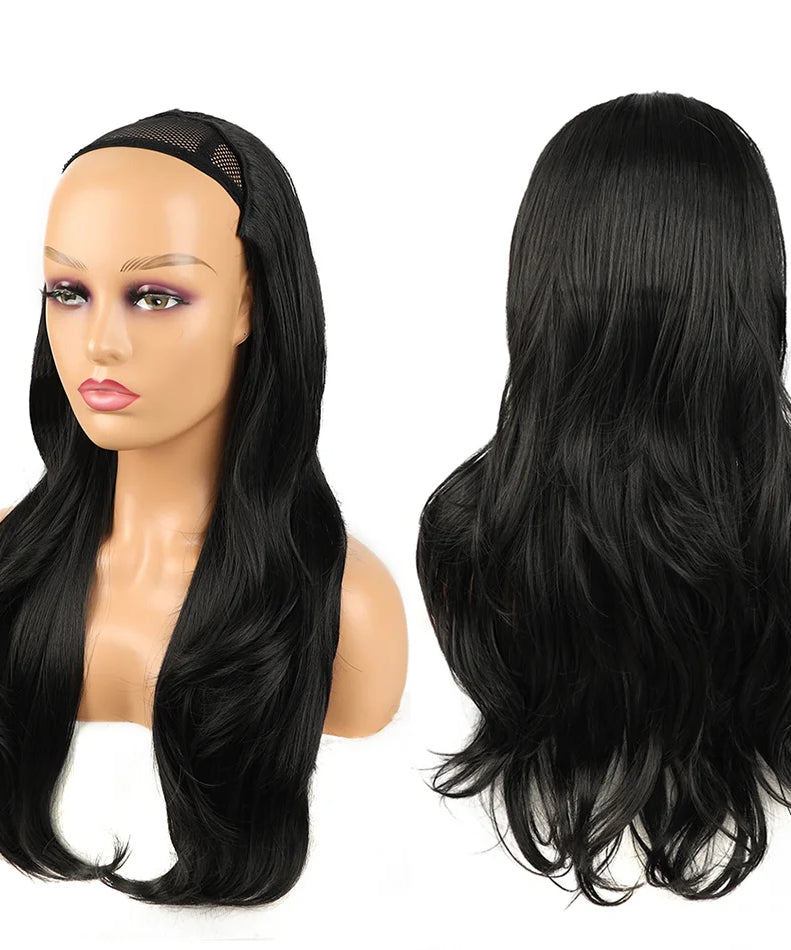 24Inch Synthetic Long Wavy Head Tied 3/4 Half Wigs for Women With Clips In Curly Hair Extension Black Hairpieces Wigs Daily Use