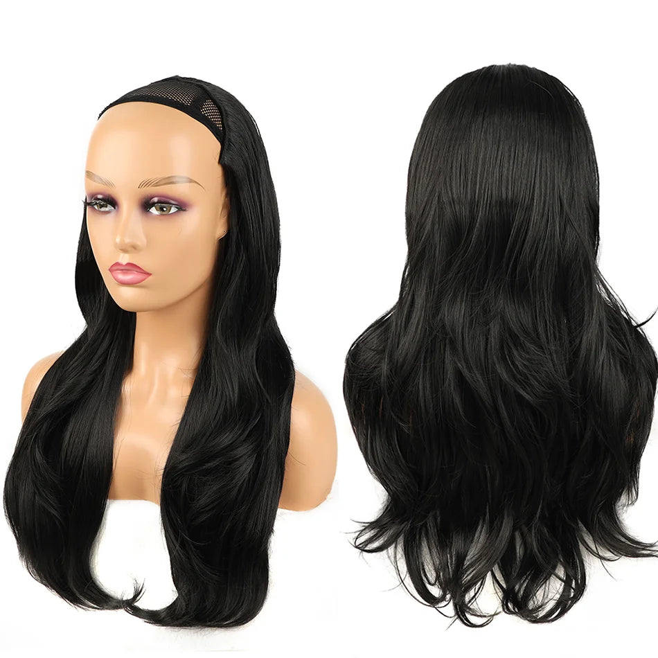 24Inch Synthetic Long Wavy Head Tied 3/4 Half Wigs for Women With Clips In Curly Hair Extension Black Hairpieces Wigs Daily Use