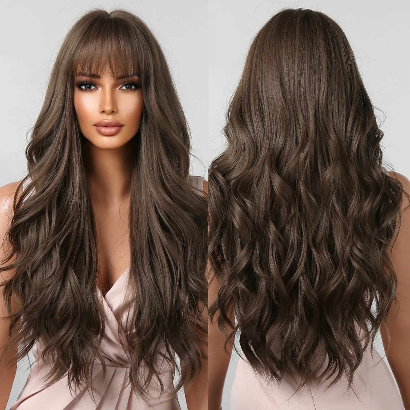 Brown Wavy Wigs for Women with Bangs Long
